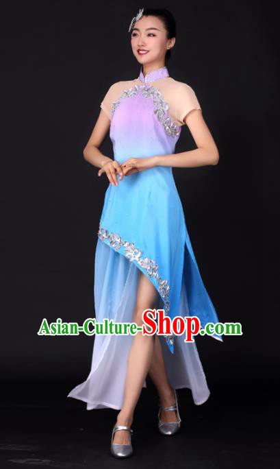 Chinese Traditional Classical Dance Blue Qipao Dress China Umbrella Dance Stage Performance Costume for Women