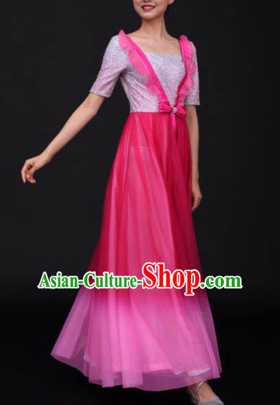 Chinese Traditional Opening Dance Chorus Rosy Dress China Modern Dance Stage Performance Costume for Women