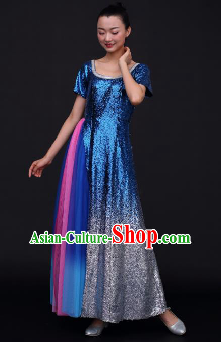 Chinese Traditional Opening Dance Chorus Royalblue Sequins Dress China Modern Dance Stage Performance Costume for Women