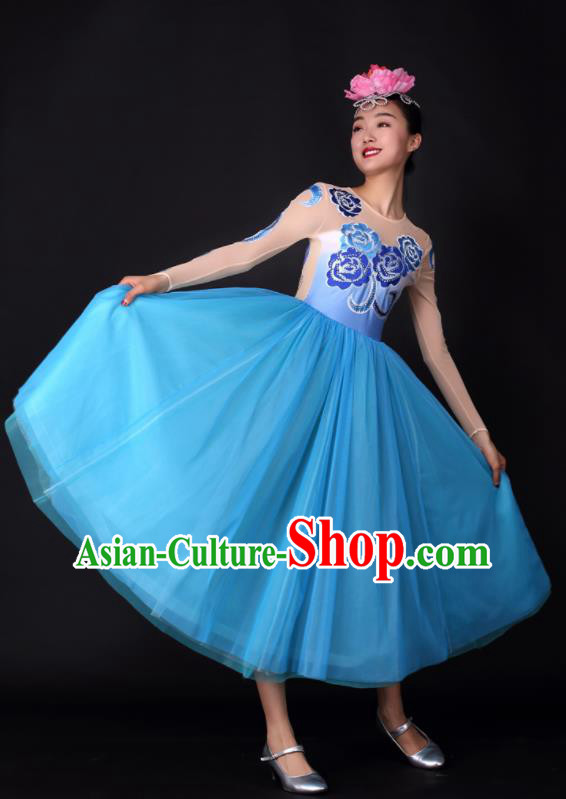 Professional Modern Dance Chorus Blue Dress Opening Dance Stage Performance Costume for Women