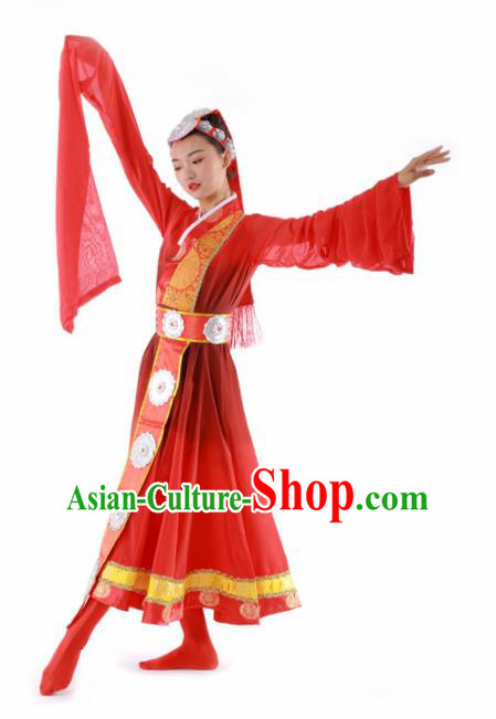 Chinese Tibetan Ethnic Dance Red Dress Traditional Zang Nationality Stage Performance Costume for Women