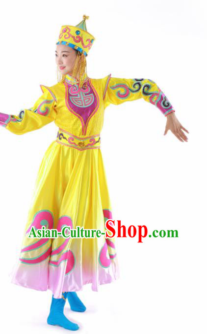 Chinese Mongolian Ethnic Dance Yellow Dress Traditional Mongol Nationality Stage Performance Costume for Women