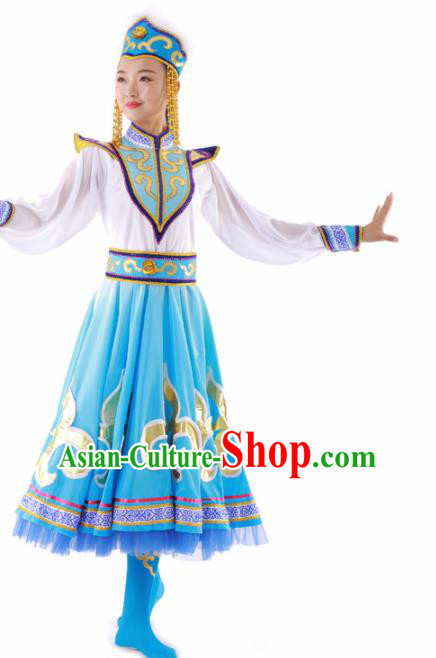 Chinese Mongolian Ethnic Dance Blue Dress Traditional Mongol Nationality Stage Performance Costume for Women