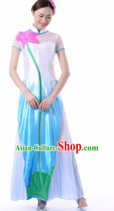 Chinese Classical Dance Blue Qipao Dress Traditional Fan Dance Stage Performance Costume for Women