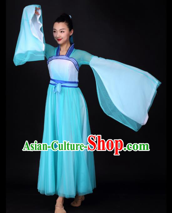 Chinese Traditional Classical Dance Blue Veil Dress Umbrella Dance Stage Performance Costume for Women