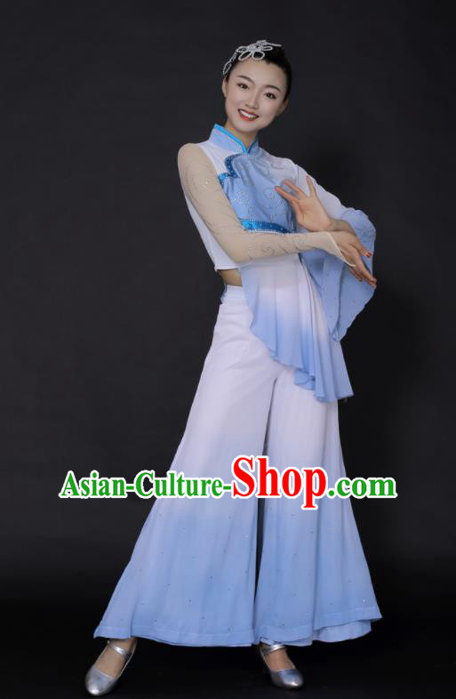 Chinese Traditional Fan Dance Blue Outfits Folk Dance Stage Performance Costume for Women