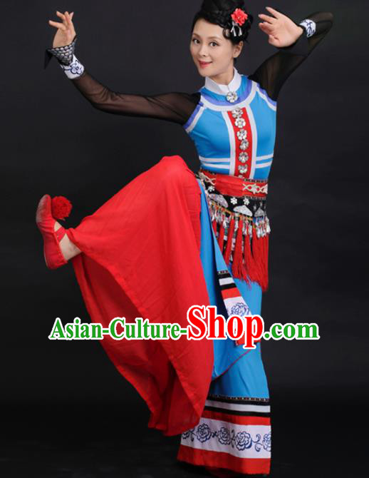 Chinese Tujia Ethnic Dance Blue Dress Traditional Yi Nationality Stage Performance Costume for Women