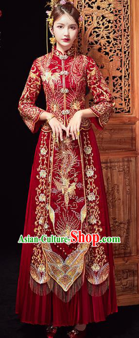 Chinese Traditional Purplish Red Xiuhe Suits Wedding Dress Ancient Bride Embroidered Costume for Women