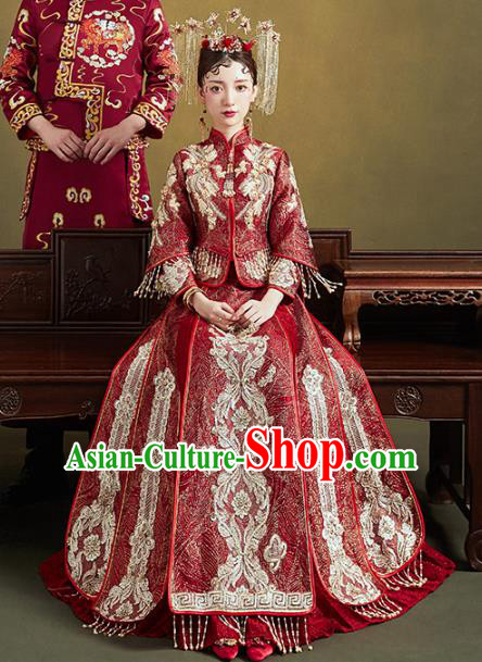 Chinese Traditional Embroidered Purplish Red Xiuhe Suits Wedding Dress Ancient Bride Costume for Women