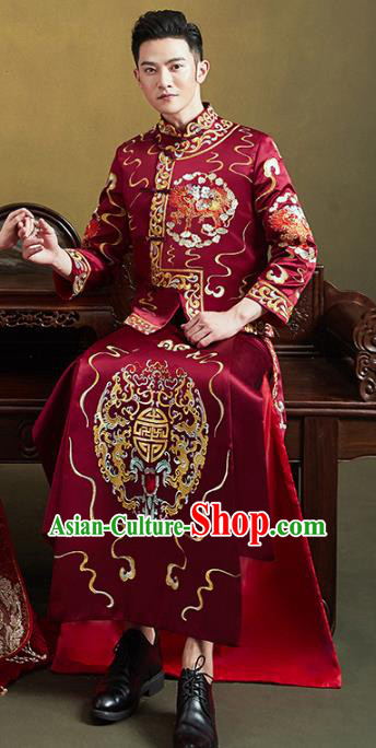 Chinese Traditional Embroidered Mandarin Jacket and Robe Wedding Tang Suit Ancient Bridegroom Costume for Men