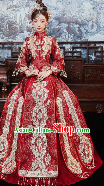 Chinese Traditional Embroidered Wine Red Xiuhe Suits Wedding Dress Ancient Bride Costume for Women