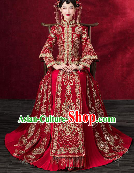 Chinese Traditional Embroidered Red Xiuhe Suits Wedding Dress Ancient Bride Costume for Women