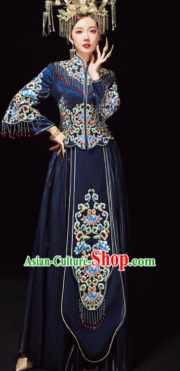 Chinese Traditional Embroidered Navy Xiuhe Suits Wedding Dress Ancient Bride Costume for Women