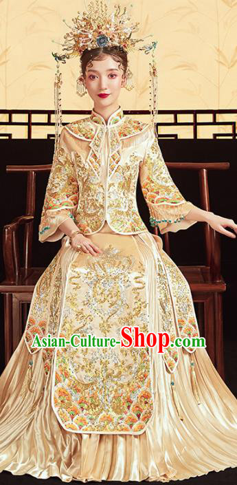 Chinese Traditional Embroidered Golden Xiuhe Suits Wedding Dress Ancient Bride Costume for Women