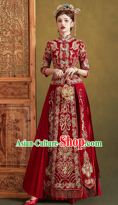 Chinese Traditional Embroidered Diamante Red Xiuhe Suits Wedding Dress Ancient Bride Costume for Women