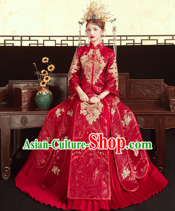 Chinese Traditional Embroidered Red Paillette Xiuhe Suits Wedding Dress Ancient Bride Costume for Women