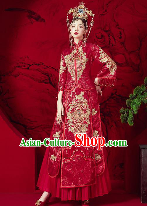 Chinese Traditional Embroidered Red Diamante Xiuhe Suits Wedding Dress Ancient Bride Costume for Women