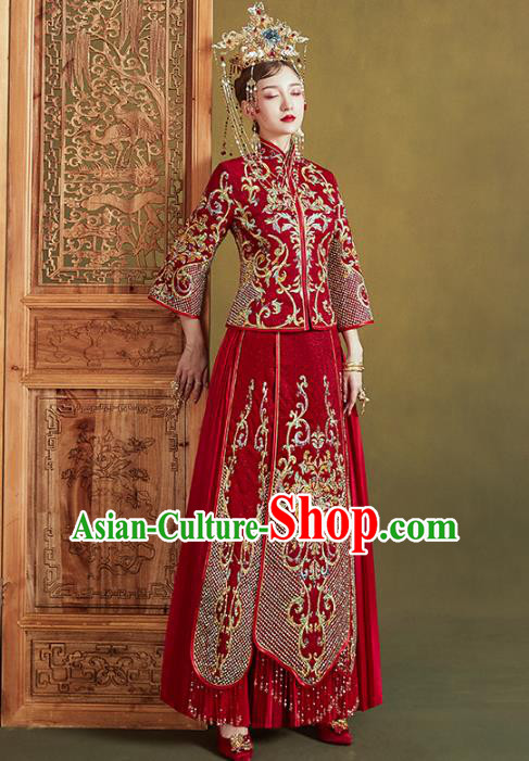 Chinese Traditional Embroidered Red Xiuhe Suits Wedding Dress Ancient Bride Costume for Women