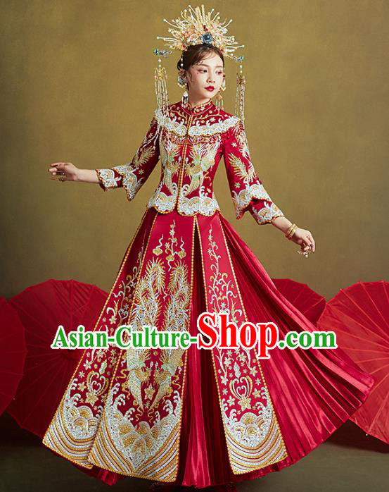 Chinese Traditional Embroidered Diamante Phoenix Red Xiuhe Suits Wedding Dress Ancient Bride Costume for Women