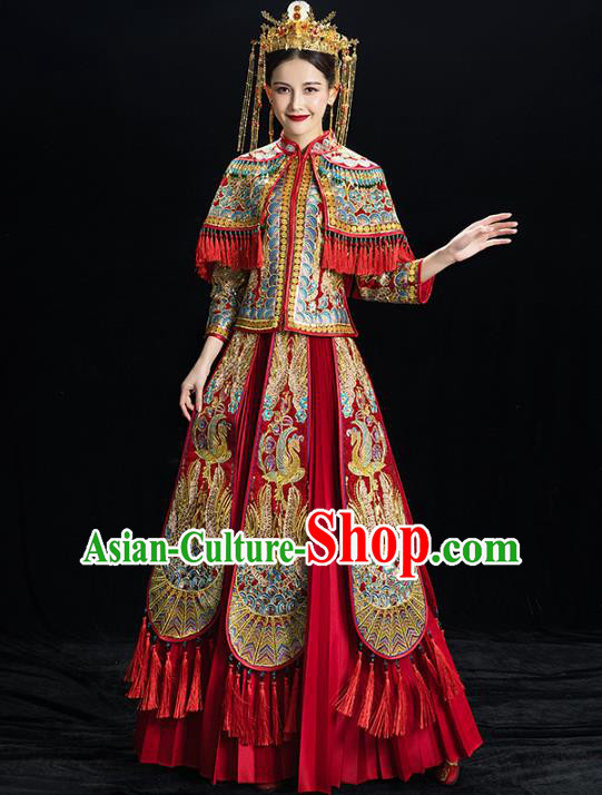 Chinese Traditional Embroidered Phoenix Tassel Xiuhe Suits Wedding Dress Ancient Bride Costume for Women