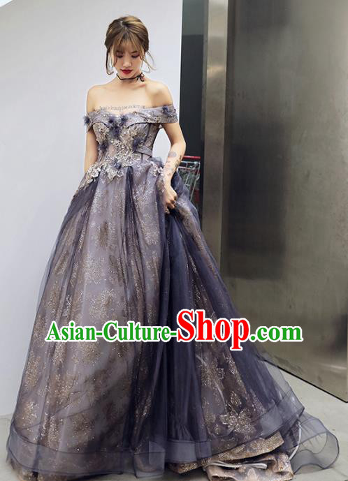 Professional Modern Dance Navy Veil Dress Compere Stage Performance Costume for Women