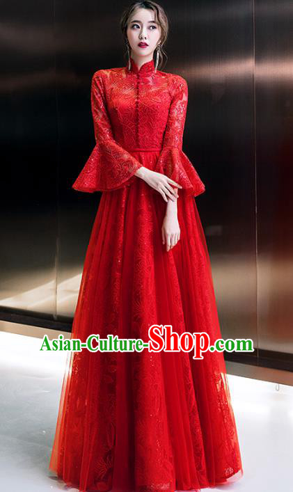 Professional Modern Dance Bride Red Lace Full Dress Compere Stage Performance Costume for Women