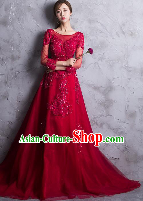 Professional Modern Dance Bride Red Trailing Full Dress Compere Stage Performance Costume for Women