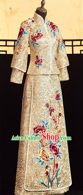 Chinese Traditional Embroidered Peony Golden Xiuhe Suits Wedding Dress Ancient Bride Costume for Women