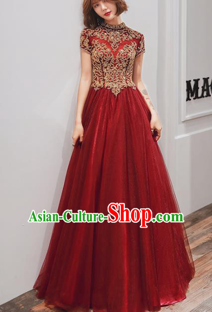 Professional Modern Dance Bride Embroidered Red Dress Compere Stage Performance Costume for Women