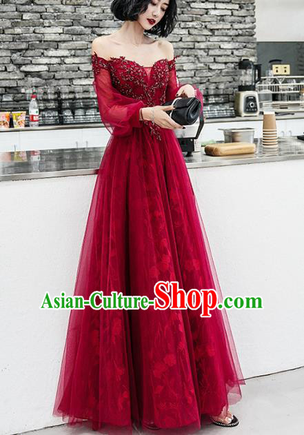 Professional Modern Dance Bride Wine Red Off Shoulder Full Dress Compere Stage Performance Costume for Women