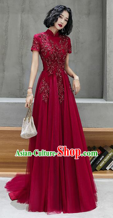 Professional Modern Dance Bride Wine Red Trailing Full Dress Compere Stage Performance Costume for Women