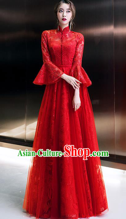 Professional Modern Dance Bride Red Lace Full Dress Compere Stage Performance Costume for Women