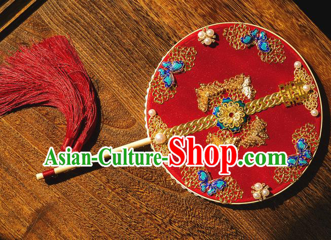 Chinese Traditional Hanfu Wedding Red Palace Fans Classical Round Fan for Women