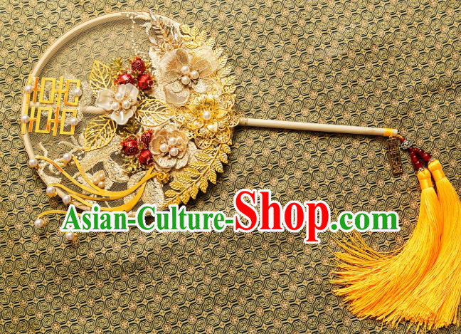 Chinese Traditional Hanfu Embroidered Flowers Yellow Palace Fans Classical Wedding Round Fan for Women