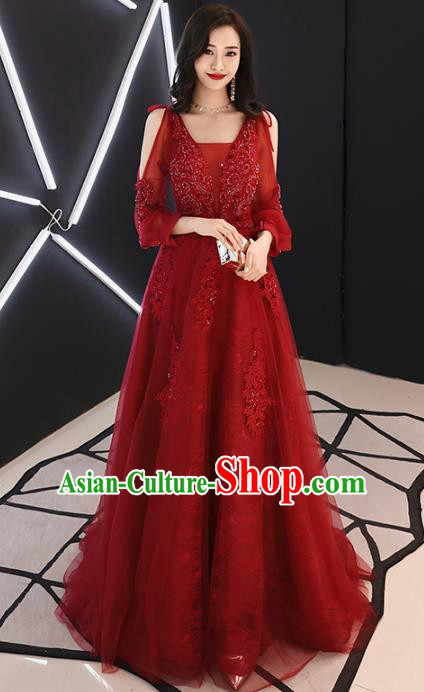 Professional Modern Dance Bride Wine Red Veil Full Dress Compere Stage Performance Costume for Women