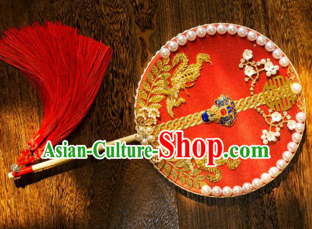 Chinese Traditional Hanfu Cloisonne Red Palace Fans Classical Wedding Round Fan for Women