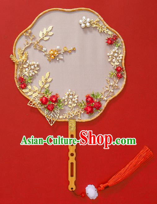 Chinese Traditional Hanfu Red Pomegranate Palace Fans Classical Wedding Round Fan for Women