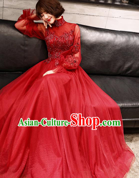 Professional Modern Dance Bride Red Veil Full Dress Compere Stage Performance Costume for Women