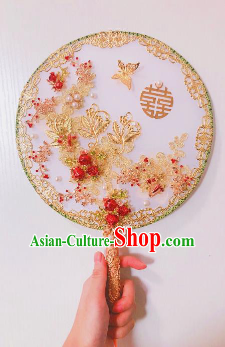 Chinese Traditional Handmade Hanfu Golden Butterfly Palace Fans Classical Wedding Round Fan for Women