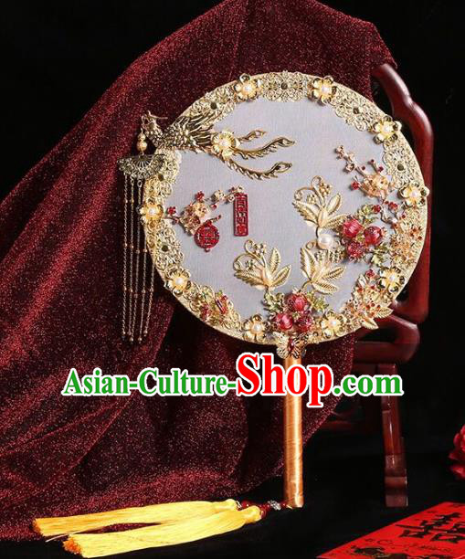 Chinese Traditional Handmade Hanfu Golden Phoenix Palace Fans Classical Wedding Round Fan for Women