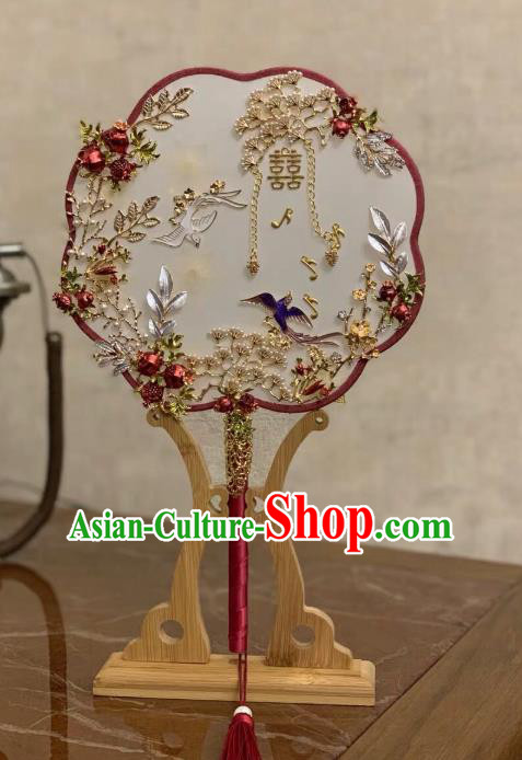 Chinese Traditional Handmade Hanfu Red Pomegranate Palace Fans Classical Wedding Silk Fan for Women