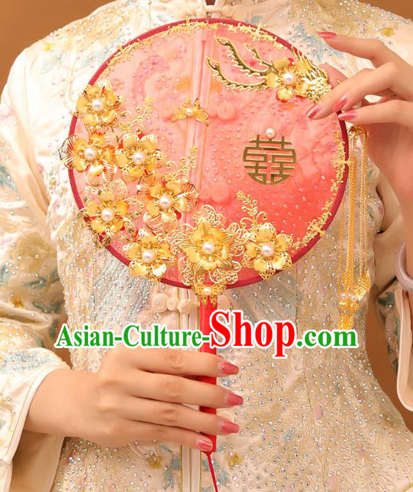 Chinese Traditional Handmade Hanfu Golden Flowers Palace Fans Classical Wedding Silk Fan for Women
