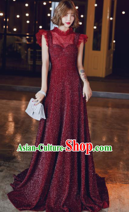 Professional Modern Dance Bride Wine Red Full Dress Compere Stage Performance Costume for Women