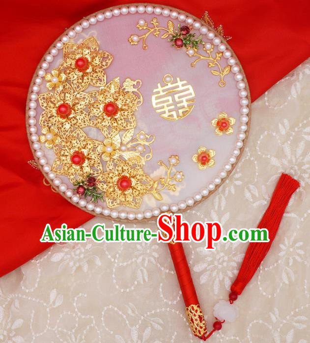 Chinese Traditional Handmade Hanfu Pearls Palace Fans Classical Wedding Silk Round Fan for Women