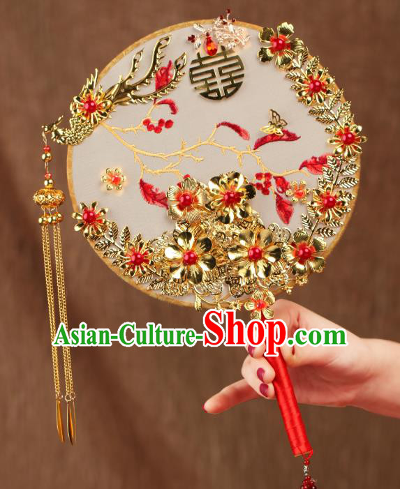 Chinese Traditional Handmade Hanfu Phoenix Palace Fans Classical Wedding Silk Round Fan for Women