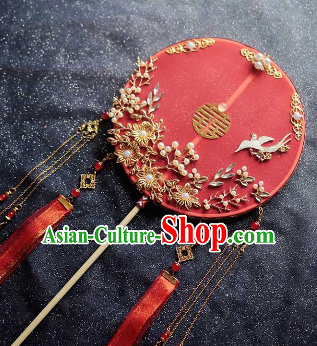 Chinese Traditional Hanfu Red Ribbon Palace Fans Classical Wedding Round Fan for Women