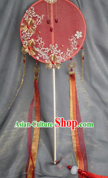 Chinese Traditional Hanfu Wedding Red Ribbon Palace Fans Classical Round Fan for Women