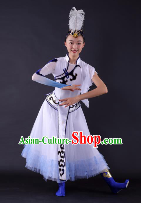 Chinese Traditional Mongolian Dance White Dress China Mongol Nationality Stage Performance Costume for Women