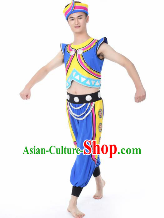 Chinese Traditional Miao Nationality Dance Blue Clothing China Folk Dance Stage Performance Costume for Men