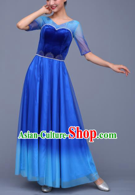 Chinese Traditional Opening Dance Chorus Royalblue Dress Modern Dance Stage Performance Costume for Women